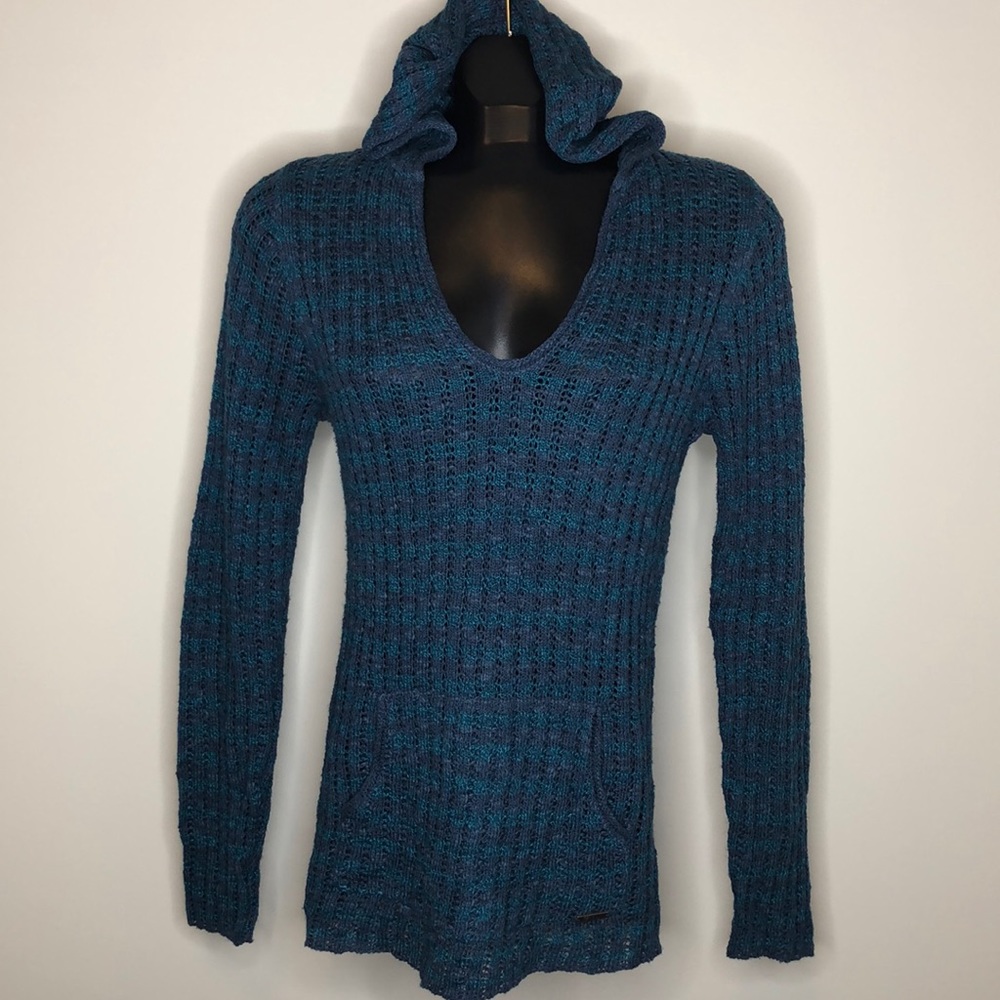 L ROXY blue striped knit v-neck hooded sweater